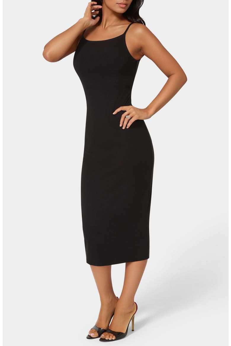 Square Neck Rib Knit Mid Dress, Alternate, color, BLACK