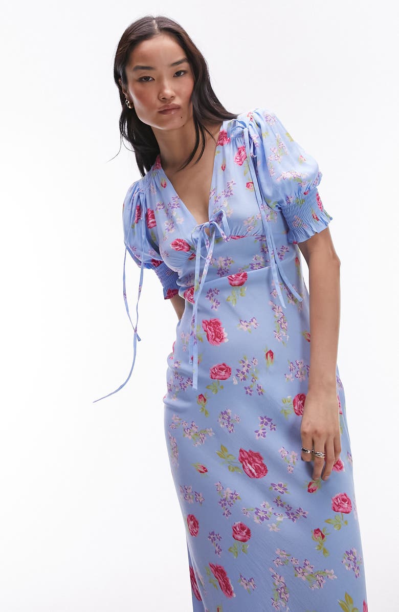Topshop Floral Puff Sleeve Midi Dress, Alternate, color, Light Blue