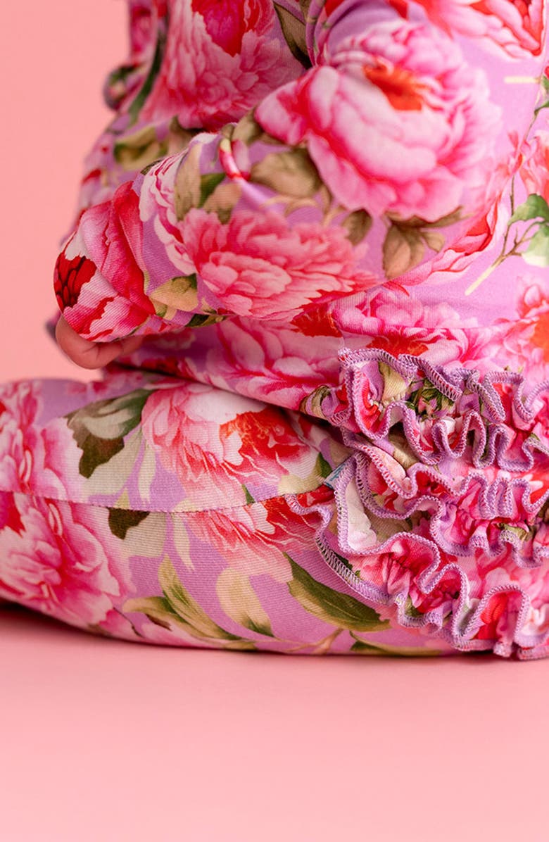 Posh Peanut Francoise Peony Print Ruffle Footie, Alternate, color, Purple