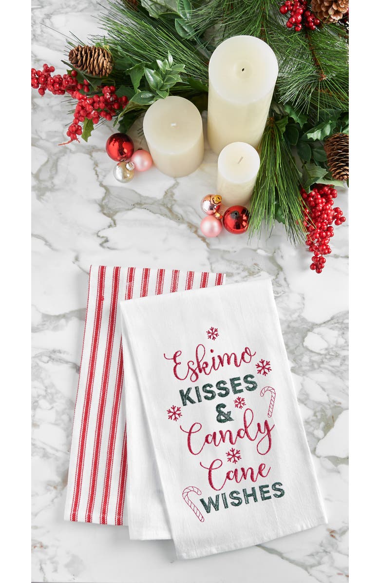C&F Home "Kisses & Candy Cane Wishes" Sentiment with Candy Canes Cotton Flour Sack Kitchen Dish Towel 27L x 18W in., Alternate, color, White