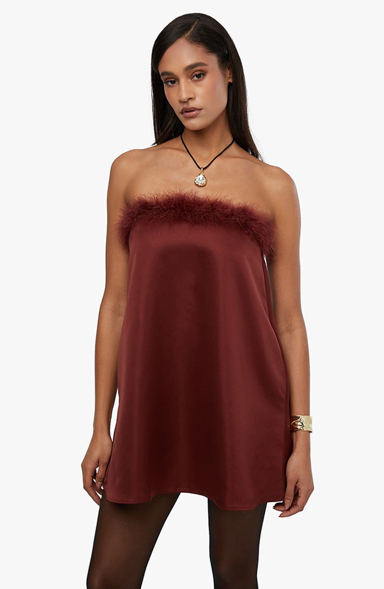 WeWoreWhat Faux Fur Strapless Satin Dress, Alternate, color,