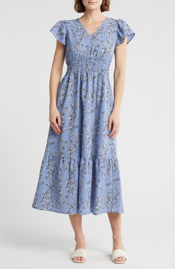 Shop Melrose And Market Flutter Sleeve Smocked Waist Midi Dress In Blue- Ivory Quinn Floral
