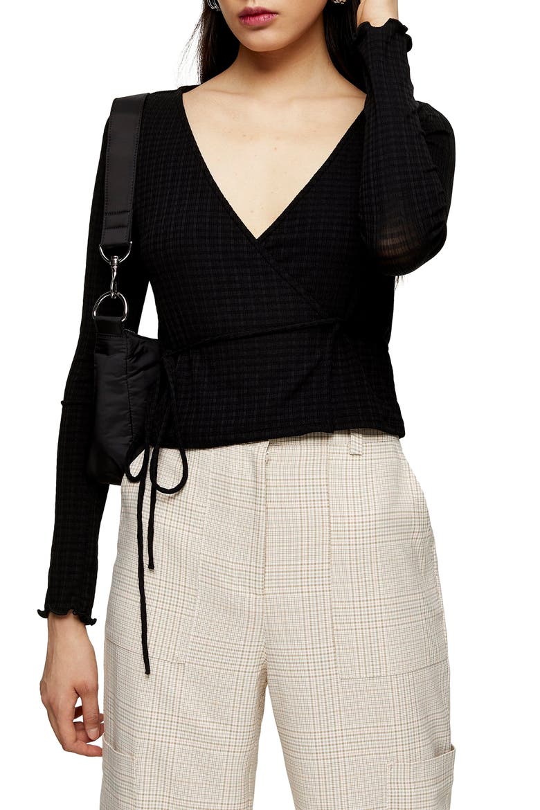 Textured Ballet Wrap Top, Main, color, BLACK