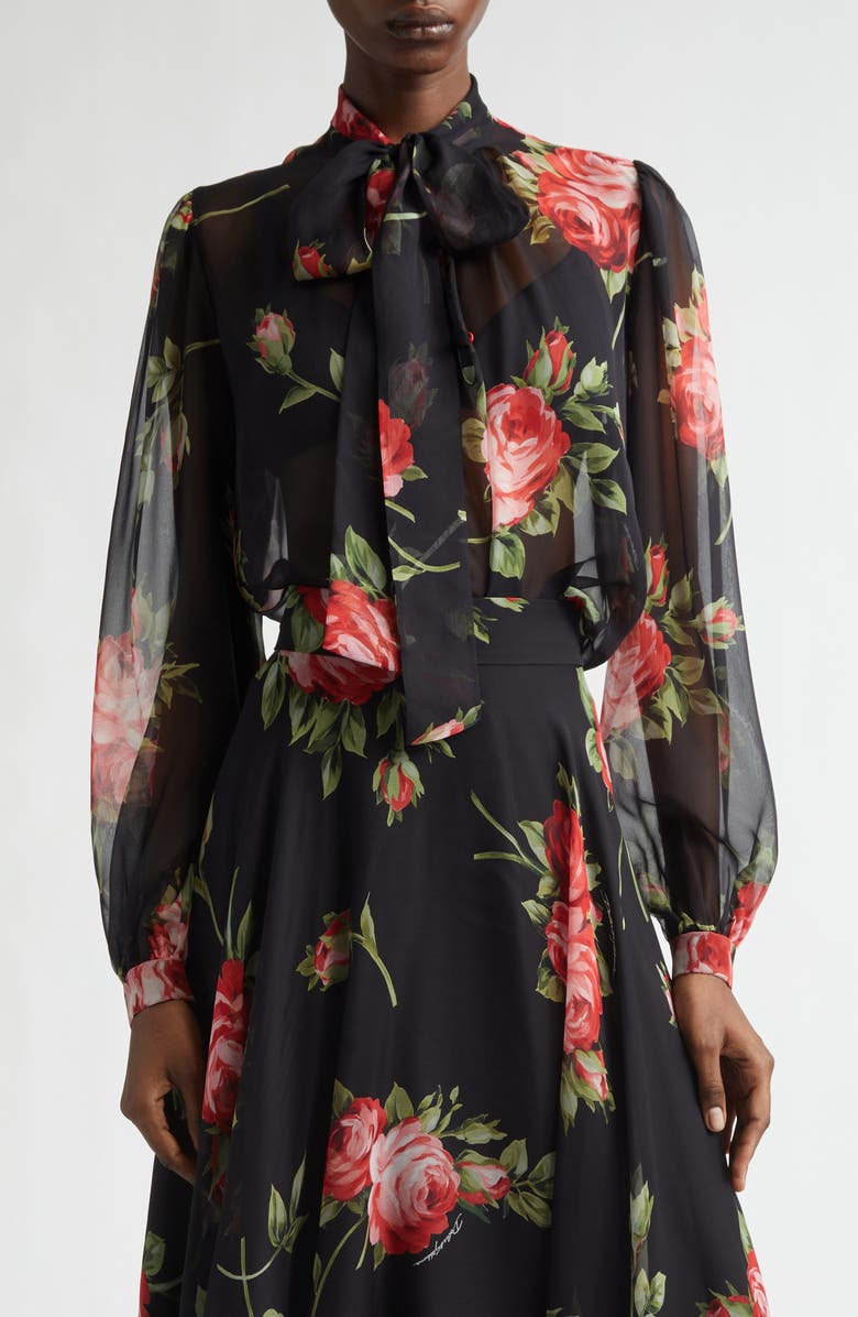 Dolce&Gabbana Bouquet Silk Chiffon Top, Main, color, Bouquet Rose F.nero