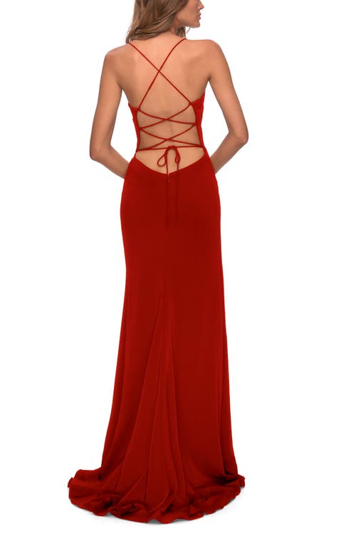 La Femme Ruffle Prom Dress With Scoop Neck And Lace Up Back In Red
