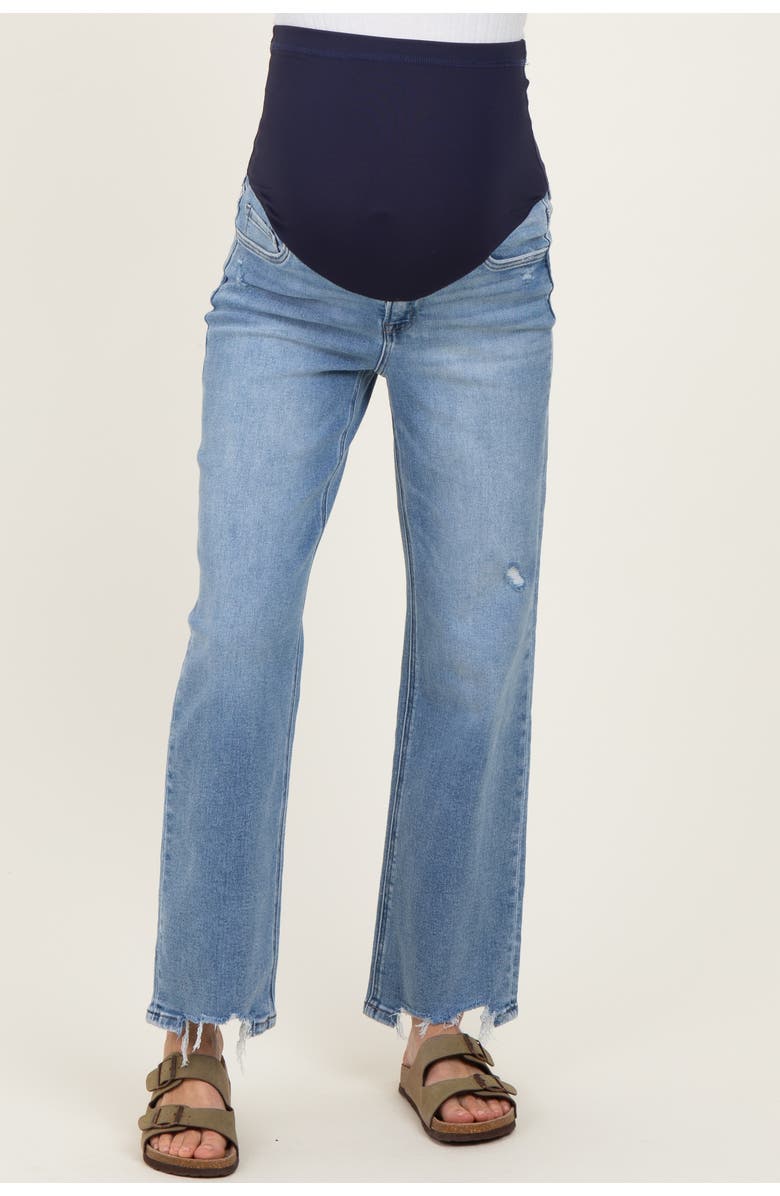 PinkBlush Blue Distressed Frayed Hem Slim Maternity Wide Leg Jeans, Alternate, color, Light Blue