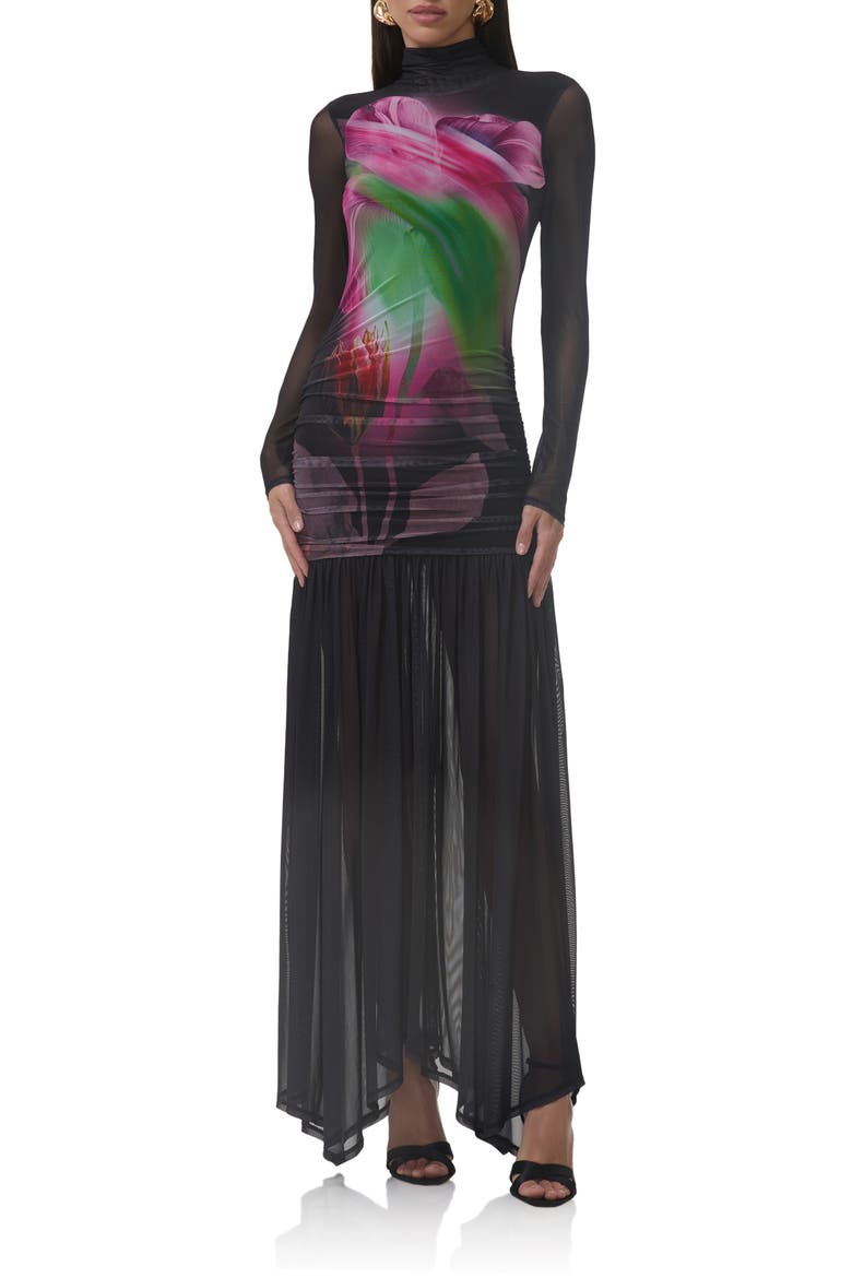 afrm mesh turtleneck dress AFRM Joni Sheer Long Sleeve Turtleneck Mesh Maxi Dress in Pink Peony Blur at Nordstrom, Size Small