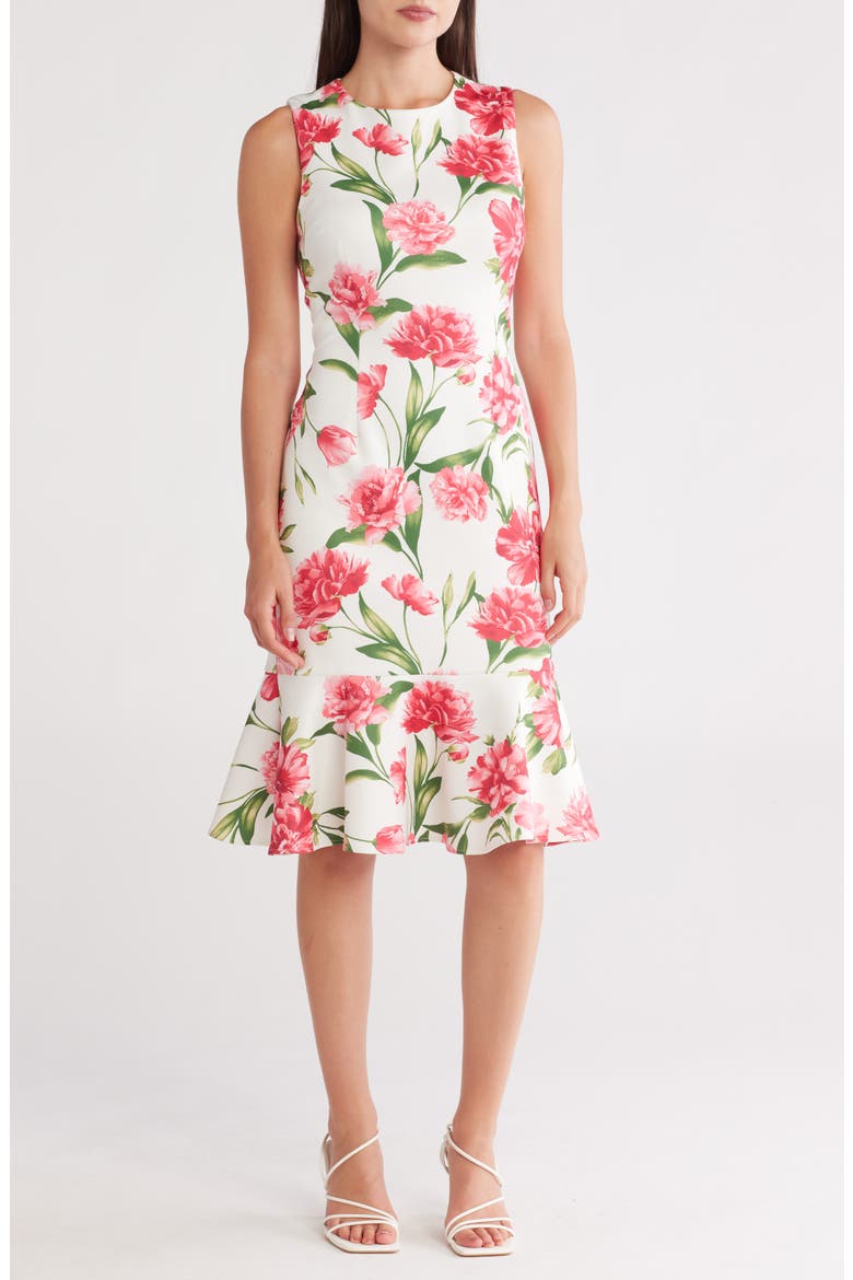 Floral Sleeveless Flounce Hem Sheath Dress, Main, color, IVORY MULTI