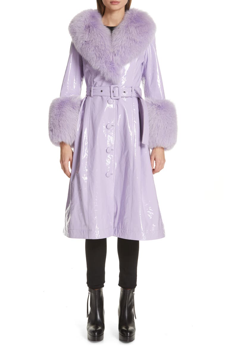 Saks Potts Patent Leather Coat with Genuine Fox Fur Trim, Main, color, 