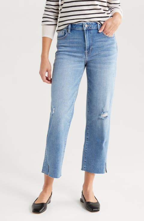 High Waist Slit Hem Crop Straight Leg Jeans