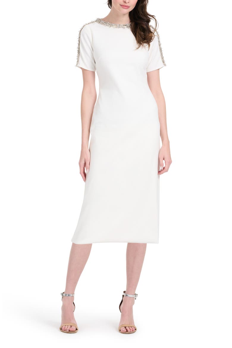 Crystal Bead Detail Crepe Cocktail Midi Dress, Main, color, IVORY