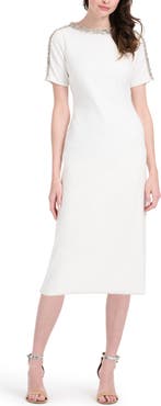 EMILY SHALANT Crystal Bead Detail Crepe Cocktail Midi Dress
