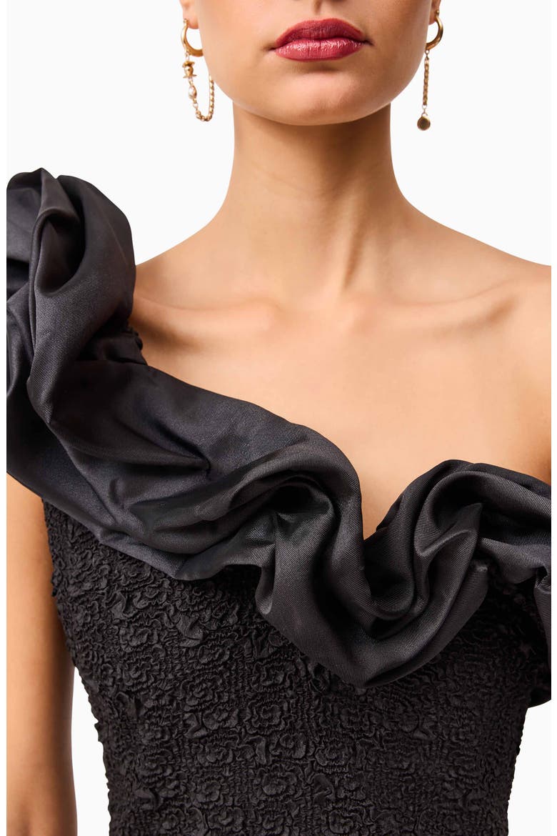 Paloma Satin Ruffle & Floral Jacquard Cocktail Minidress, Alternate, color, BLACK