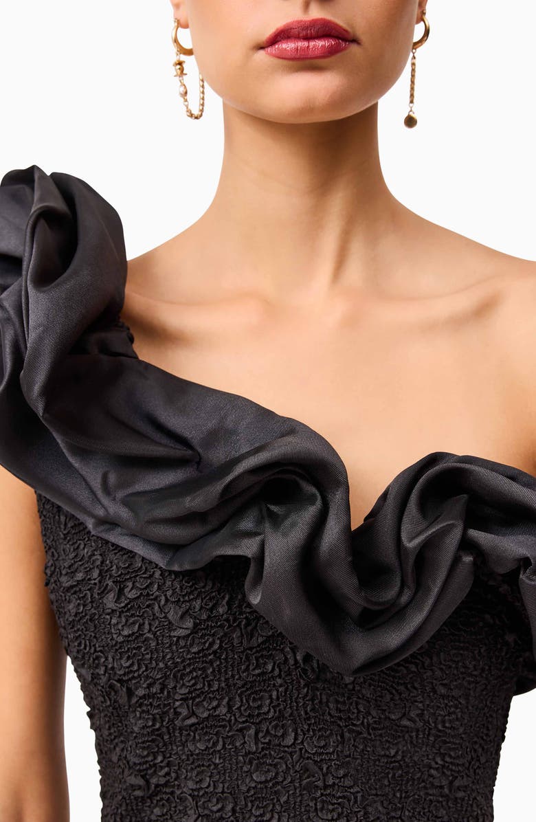 Elliatt Paloma Satin Ruffle & Floral Jacquard Cocktail Minidress, Alternate, color, Black