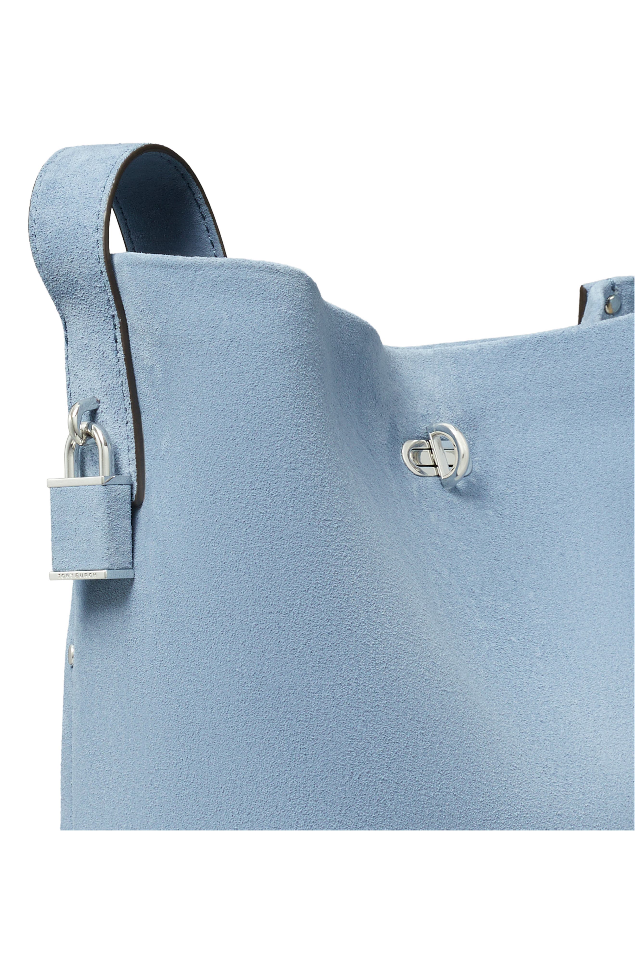 Lock Medium Slim Suede Bucket Bag, Alternate, color, STEEL BLUE