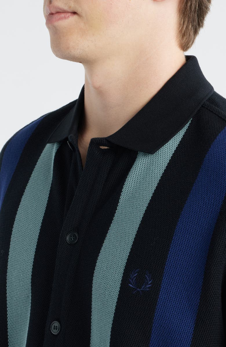 Fred Perry Vertical Stripe Short Sleeve Cotton Pique Button-Up Shirt, Alternate, color, Black