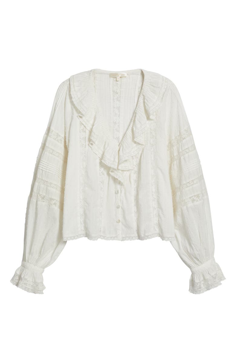 LoveShackFancy Rosabelle Lace Inset Clip Dot Button-Up Shirt, Alternate, color, Optic White