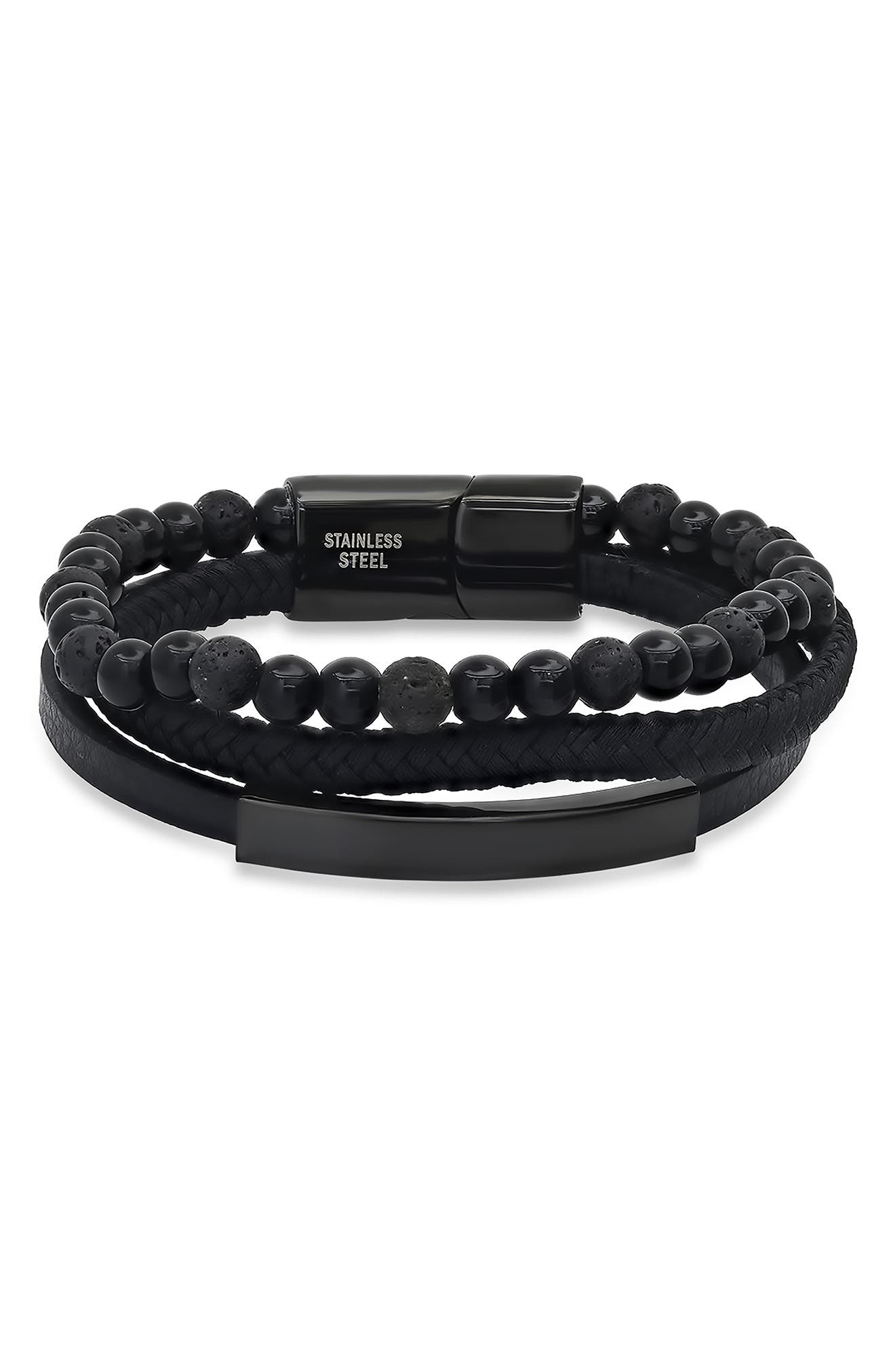 HMY JEWELRY Men's Black Stainless Steel Lava Bead & Leather Layered Bracelet
