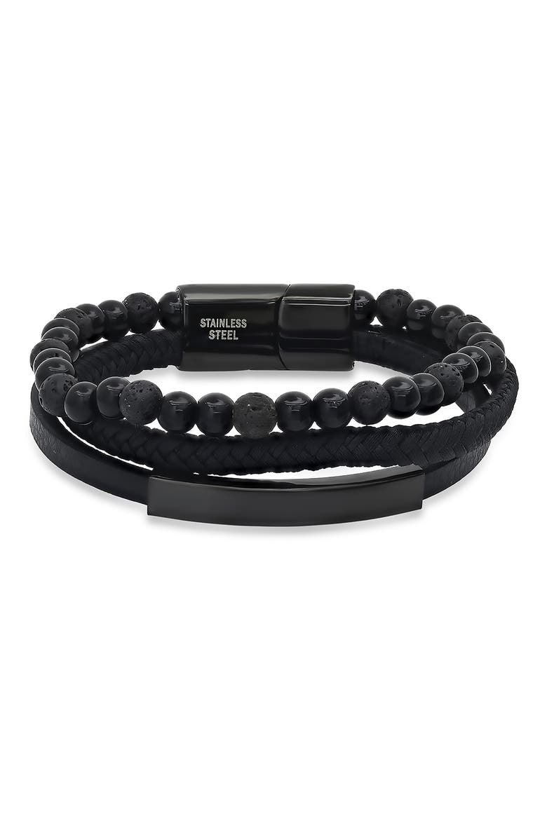 Men's Black Stainless Steel Lava Bead & Leather Layered Bracelet, Main, color, BLACK
