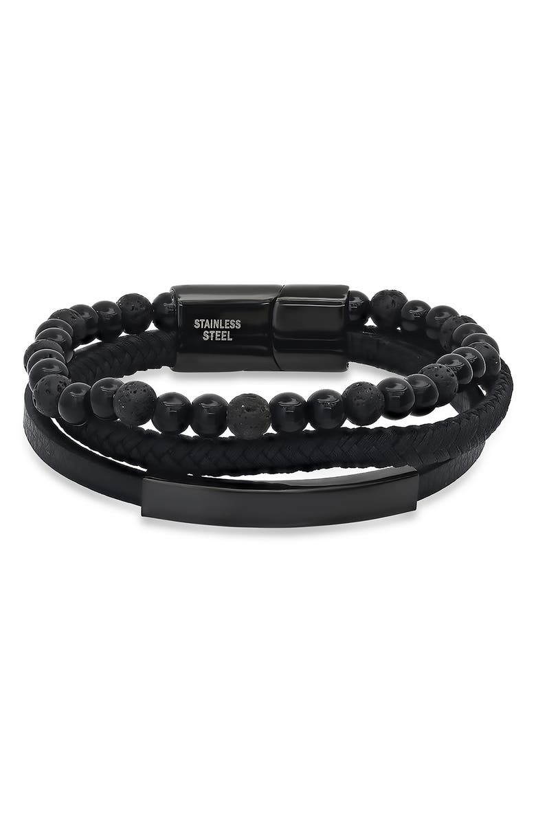 HMY JEWELRY Men's Black Stainless Steel Lava Bead & Leather Layered Bracelet, Main, color, Black
