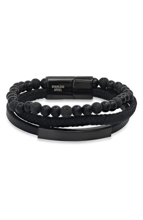 Men's Black Stainless Steel Lava Bead & Leather Layered Bracelet