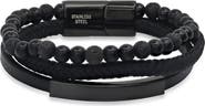 HMY JEWELRY Men's Black Stainless Steel Lava Bead & Leather Layered Bracelet