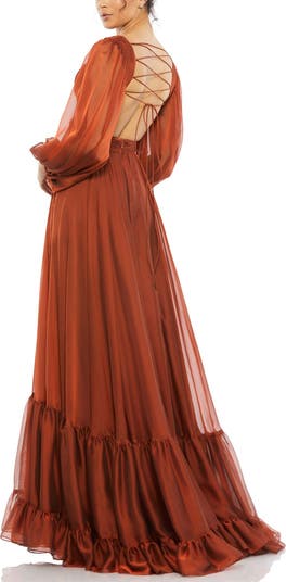 Leena For Mac Duggal Size 6 Pleated Maxi Shift Dress Brown Cut shops Out Long Sleeves