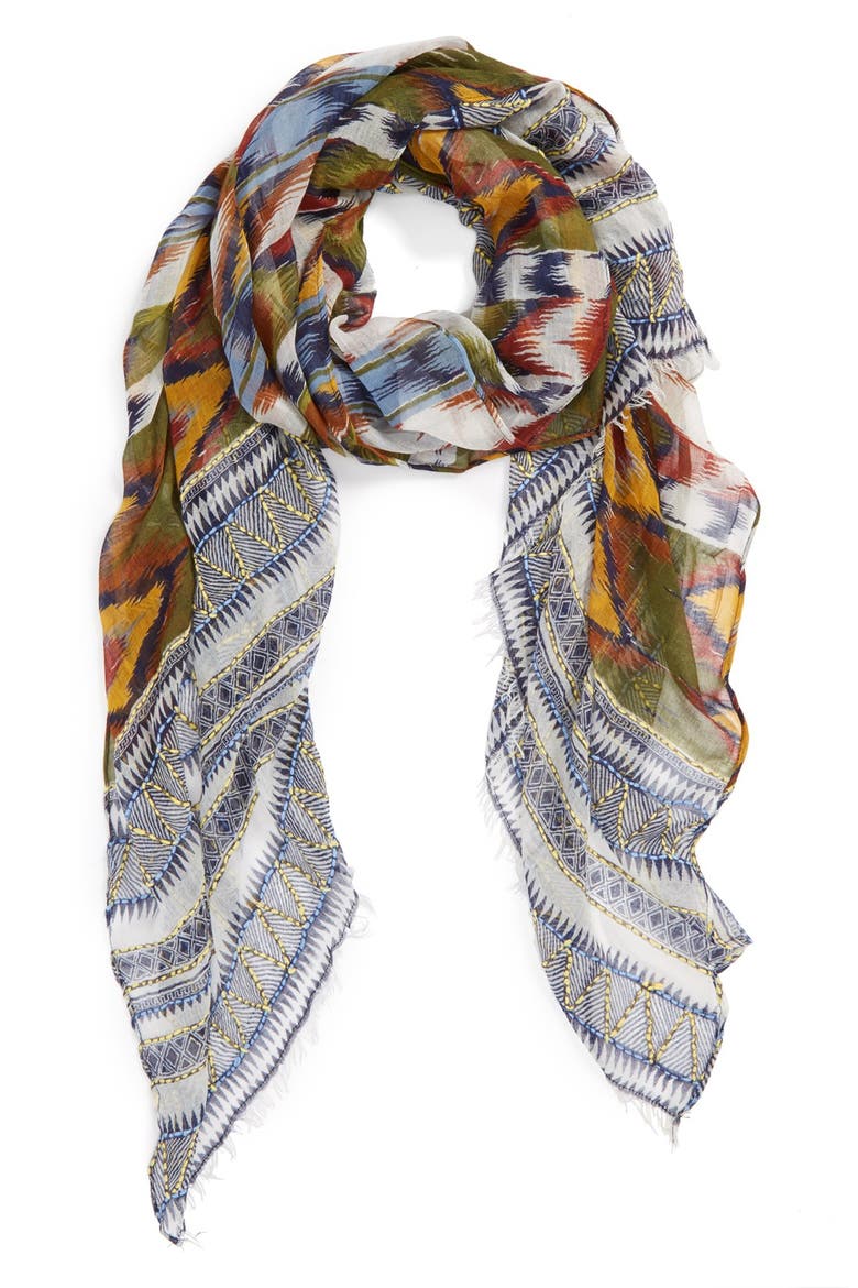 Ikat Embroidered Scarf, Main, color, OLIVE MULTI