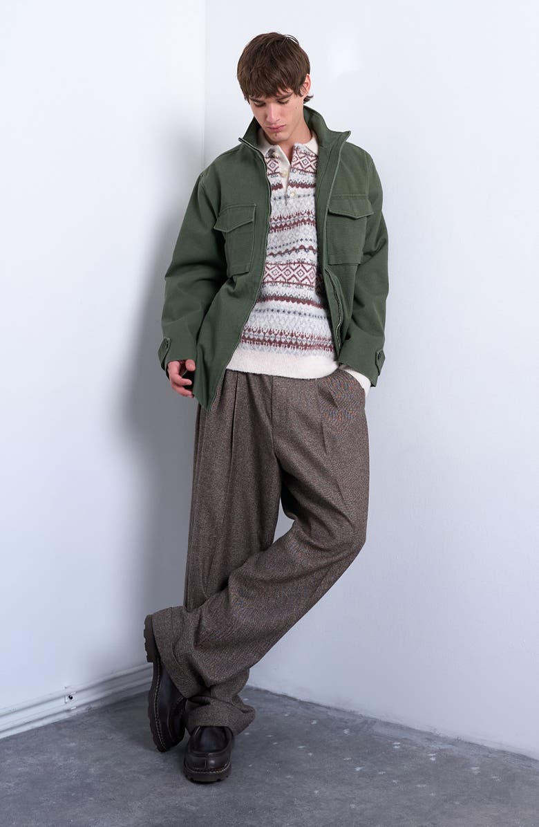 Topman Fair Isle Stripe Long Sleeve Polo, Alternate, color, Ecru