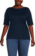 Lands' End Supima Cotton Elbow Sleeve Boatneck Button Shoulder Tee