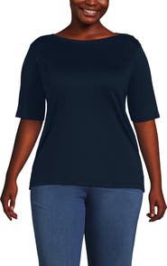 Lands' End Supima Cotton Elbow Sleeve Boatneck Button Shoulder Tee