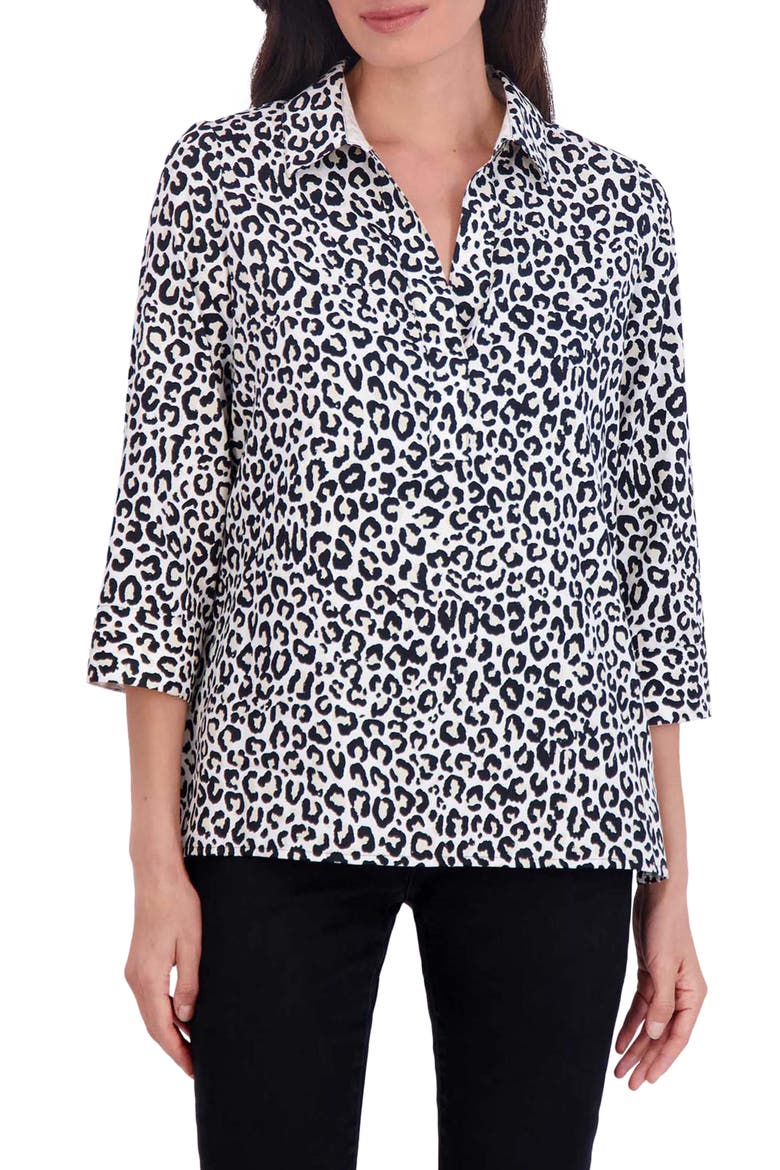 Sophia Leopard Print Three-Quarter Sleeve Cotton Popover Shirt, Main, color, WHITE MULTI