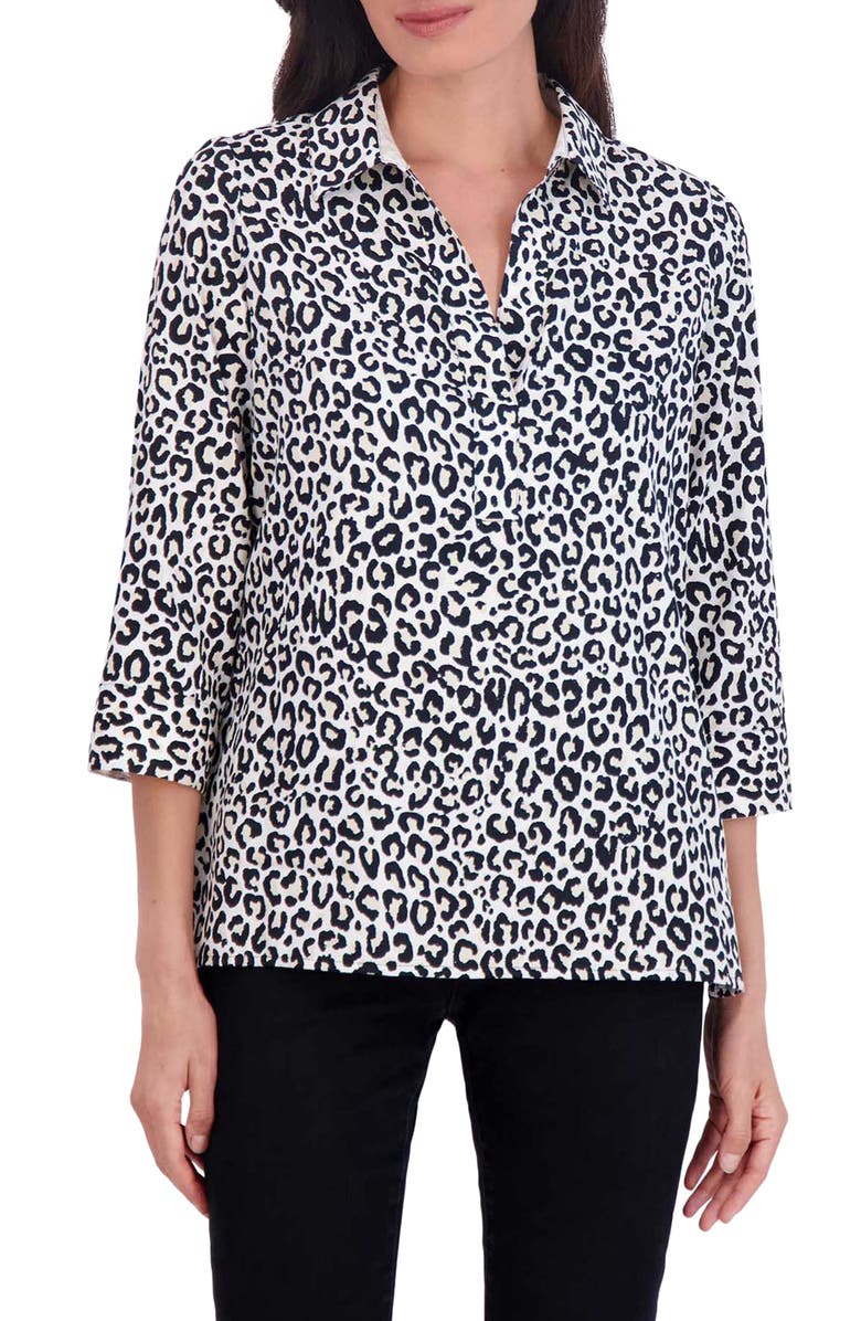Foxcroft Sophia Leopard Print Three-Quarter Sleeve Cotton Popover Shirt, Main, color, 