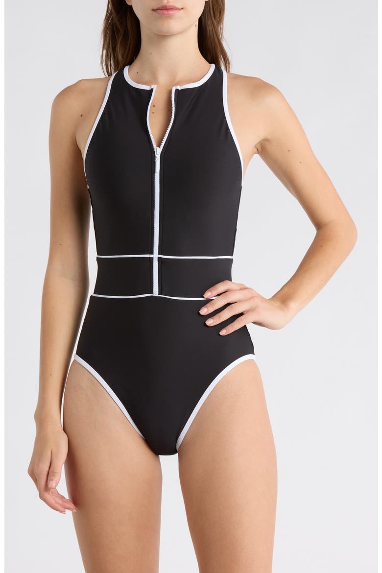 Bali Boho Contrast Binding One-Piece Swimsuit, Main, color, BLACK