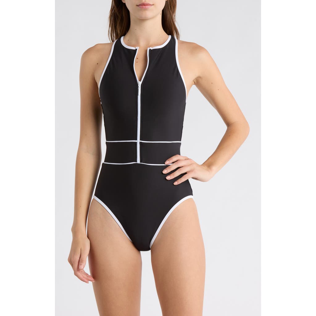 BECCA Bali Boho Contrast Binding One-Piece Swimsuit in Black at Nordstrom, Size Small