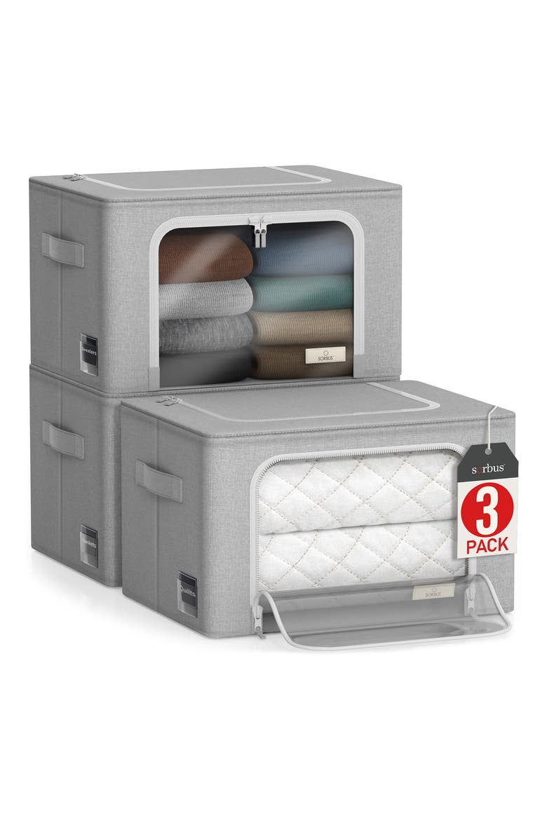 3-Pack Zip Storage Bins, Main, color, GRAY