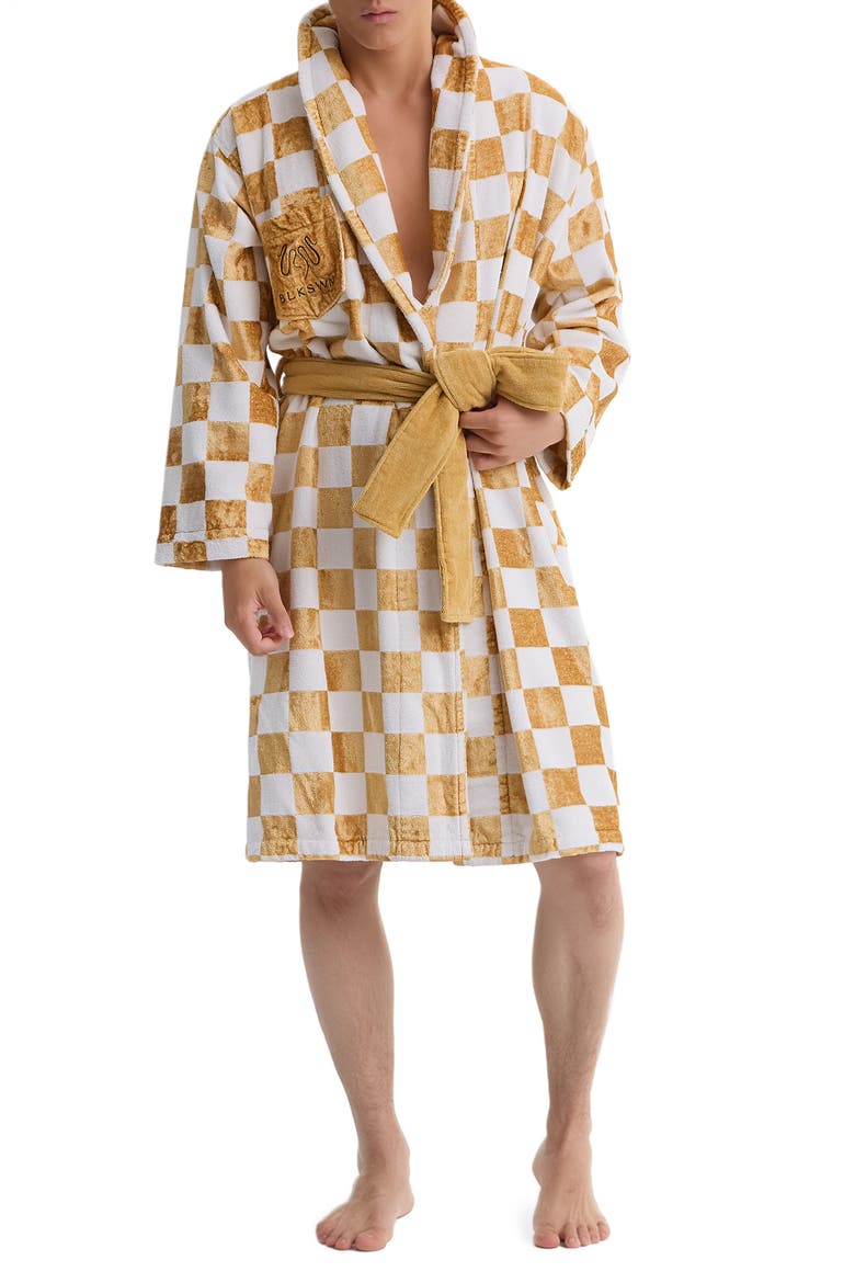Checkerboard Gold White Bath Robe, Alternate, color, Gold & White