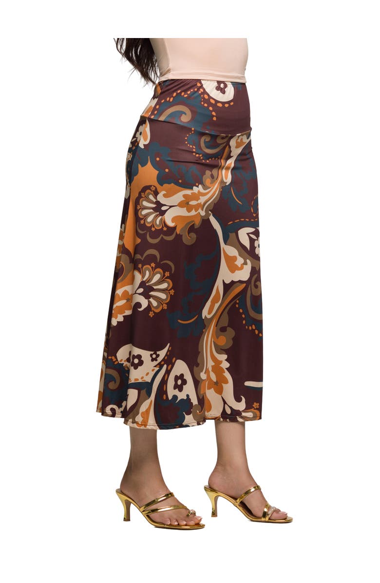 24seven Comfort Apparel Elastic Waist Maxi Skirt Print, Alternate, color, Brown Multi
