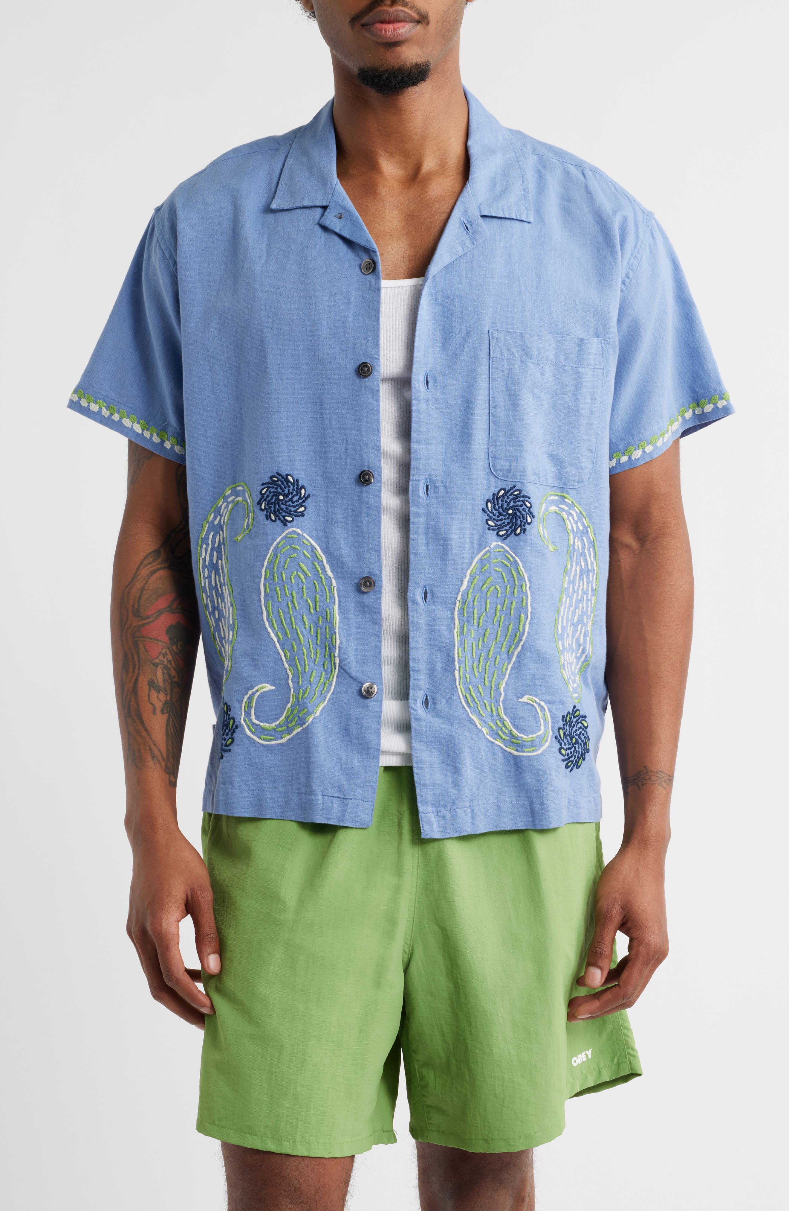 Obey Quentin Embroidered Short Sleeve Cotton & Linen Button-Up Shirt