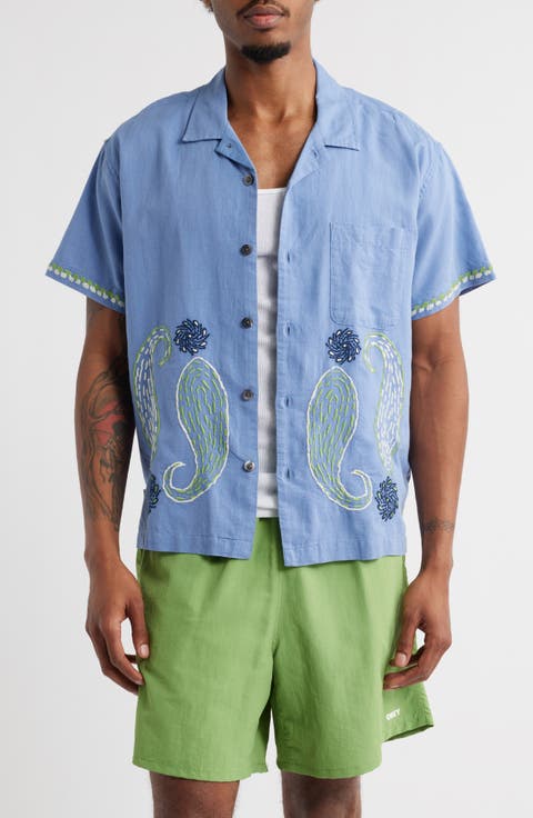 Quentin Embroidered Short Sleeve Cotton & Linen Button-Up Shirt