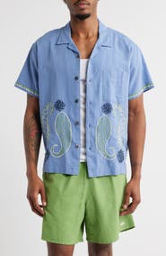 Obey Quentin Embroidered Short Sleeve Cotton & Linen Button-Up Shirt
