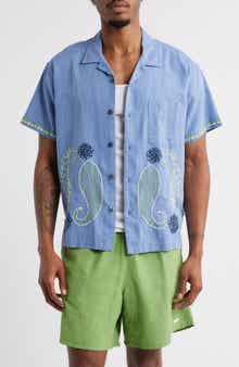 Obey Quentin Embroidered Short Sleeve Cotton & Linen Button-Up Shirt