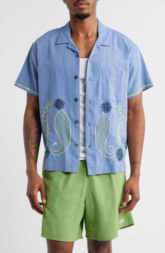 Obey Quentin Embroidered Short Sleeve Cotton & Linen Button-Up Shirt
