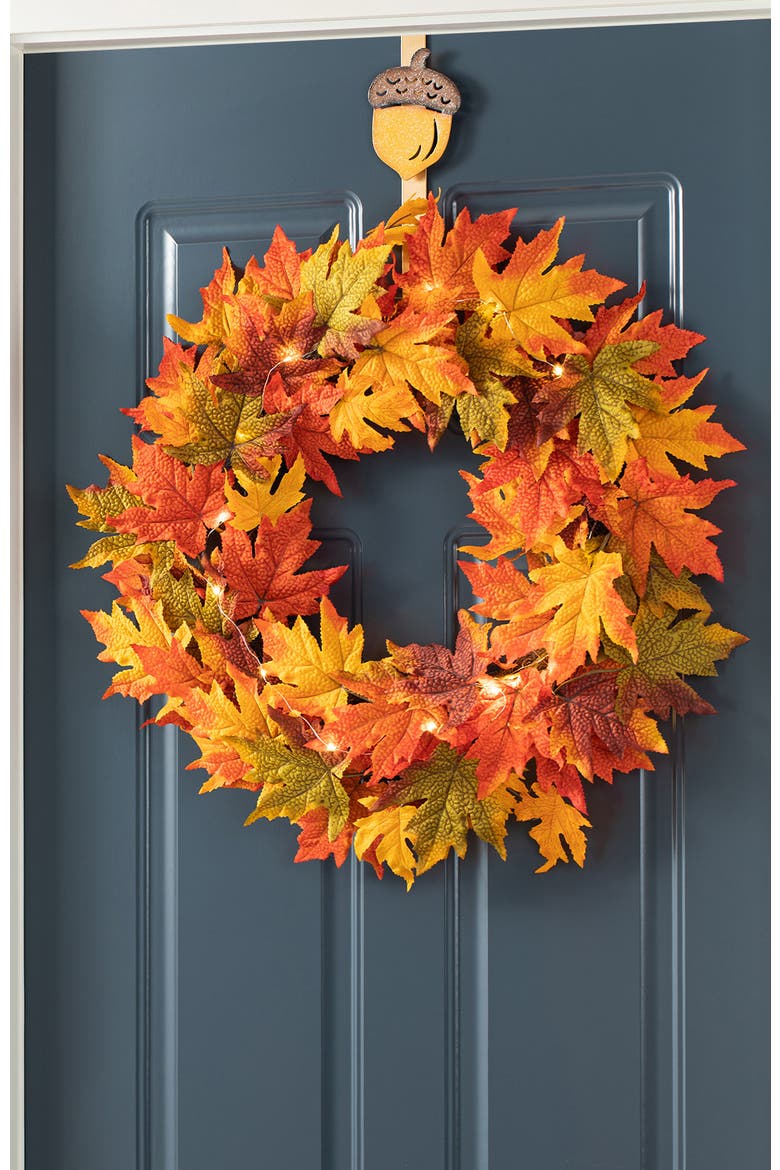24"D Fall Lighted Maple Leaves Wreath with timer, Alternate, color, Orange
