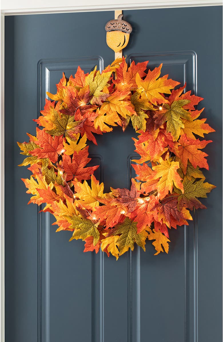 Glitzhome 24"D Fall Lighted Maple Leaves Wreath with timer, Alternate, color, Orange