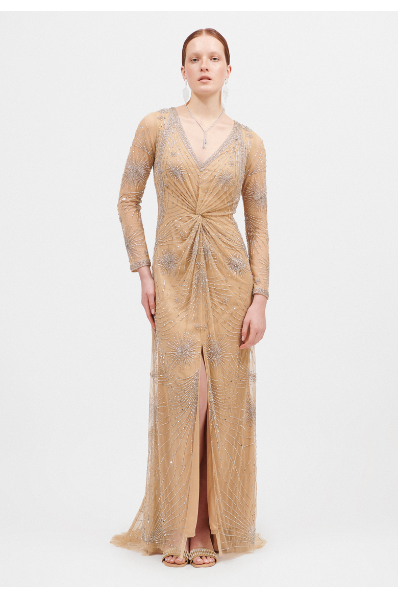 Embellished Sequin Beaded Maxi Dress With V-Neck, Main, color, TAUPE BLUSH