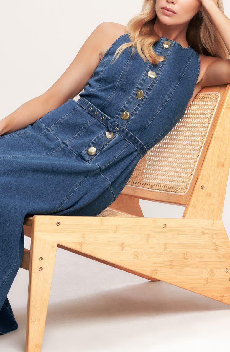 FLYING TOMATO Belted Denim Midi Dress, Alternate, color, Medium Indigo