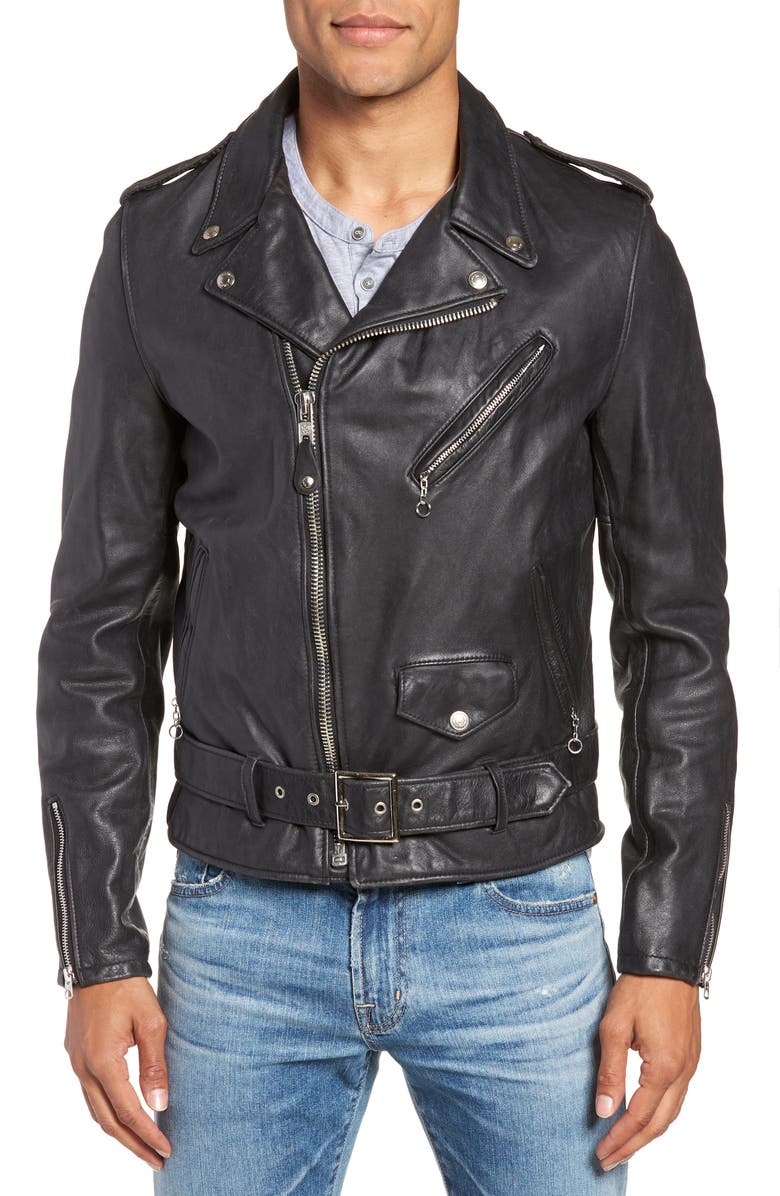 Schott NYC Hand Vintaged Cowhide Leather Motorcycle Jacket, Alternate, color, Black