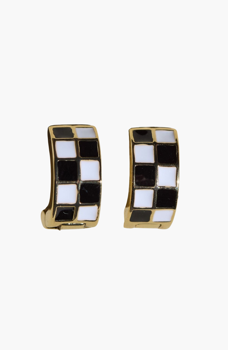 Nickel & Suede Checkered Enamel Huggies, Alternate, color, Black & White Checkered