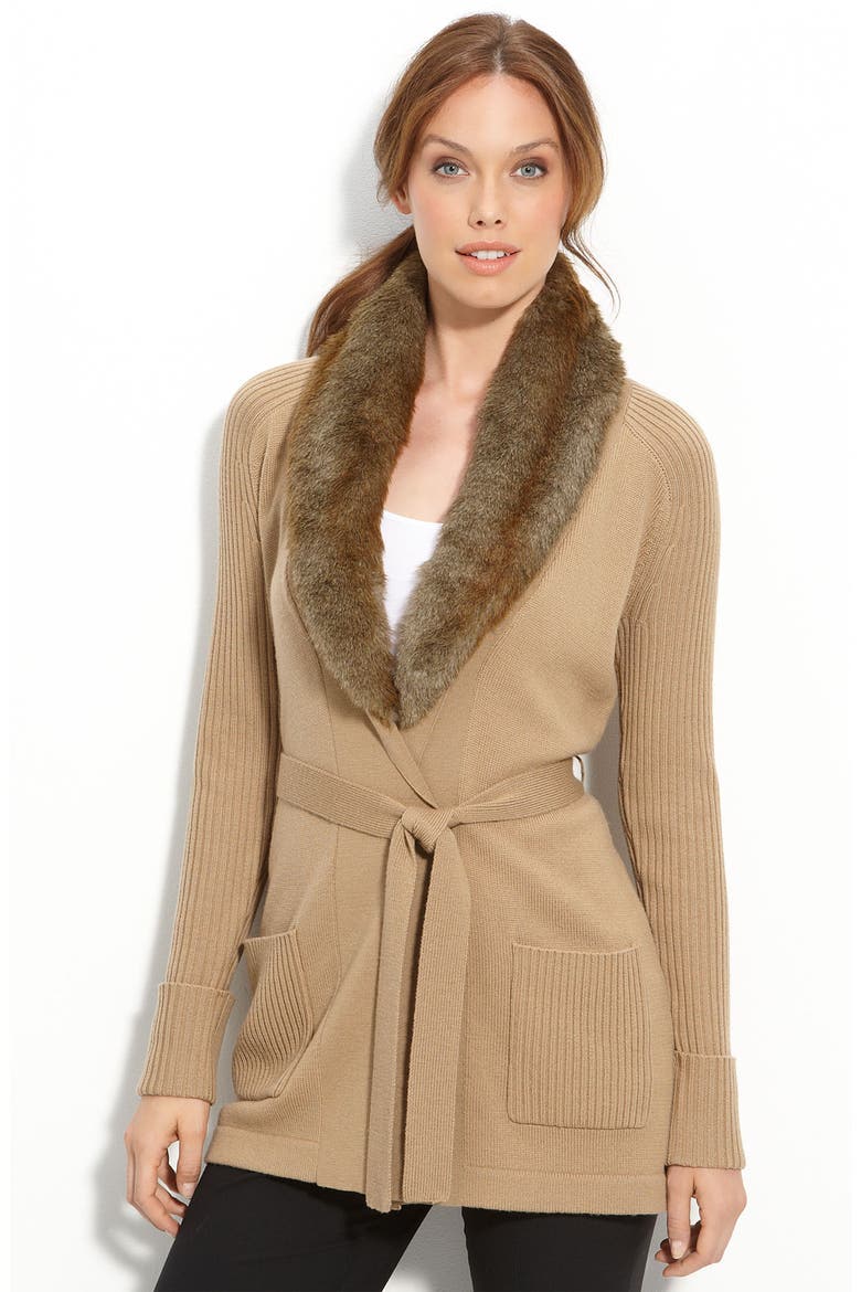 'Deville' Cardigan with Removable Faux Fur Collar, Main, color, CAMEL